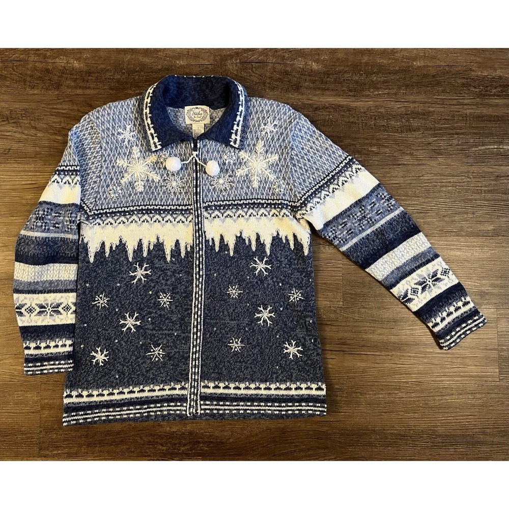 VTG "Stitches in Time" Snowflake Christmas Sweater Zip Cardigan Blue Small E9
